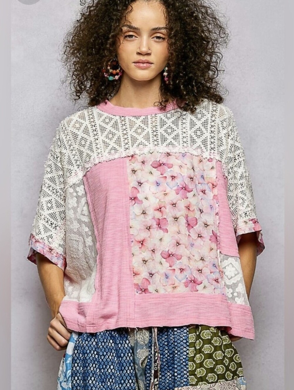 POL Pink Patchwork Floral Lace Oversized Tunic Top | Small | NWT